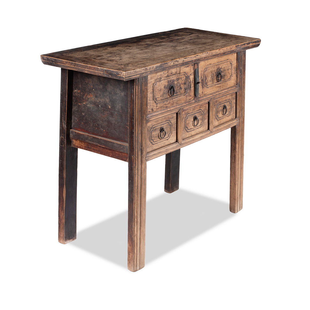 Antique 5 Drawer Elm Coffer Table From Shanxi With Worn Black Lacquer