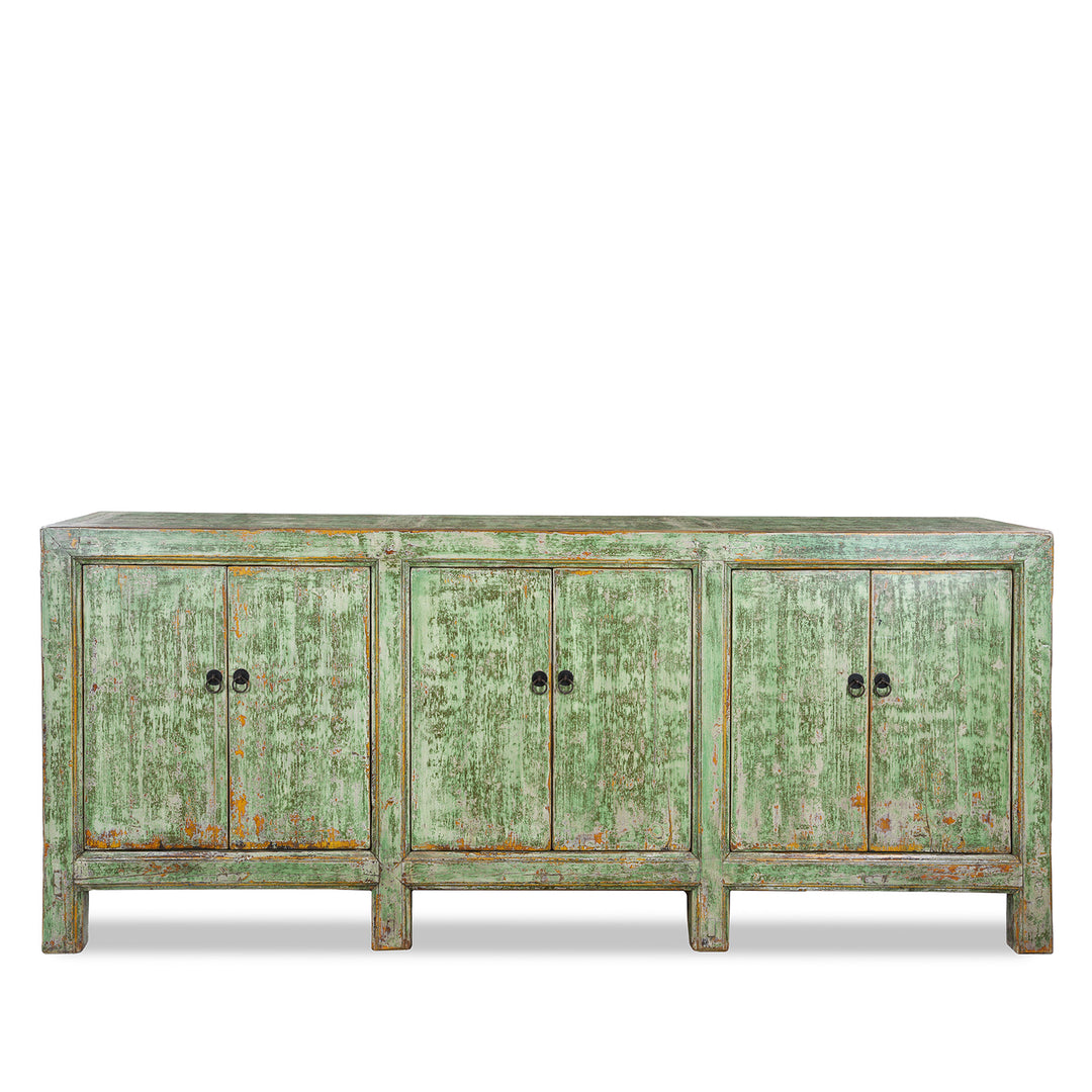 Six Door Mongolian Green Sideboard Made From Reclaimed Wood With Distressed Finish And Rustic Patina.