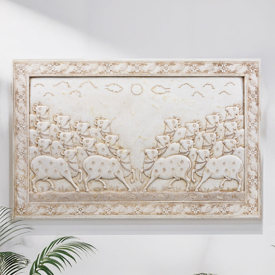 Carved White Marble "Gopashtami" Cow Panel From India | Indigo Antiques