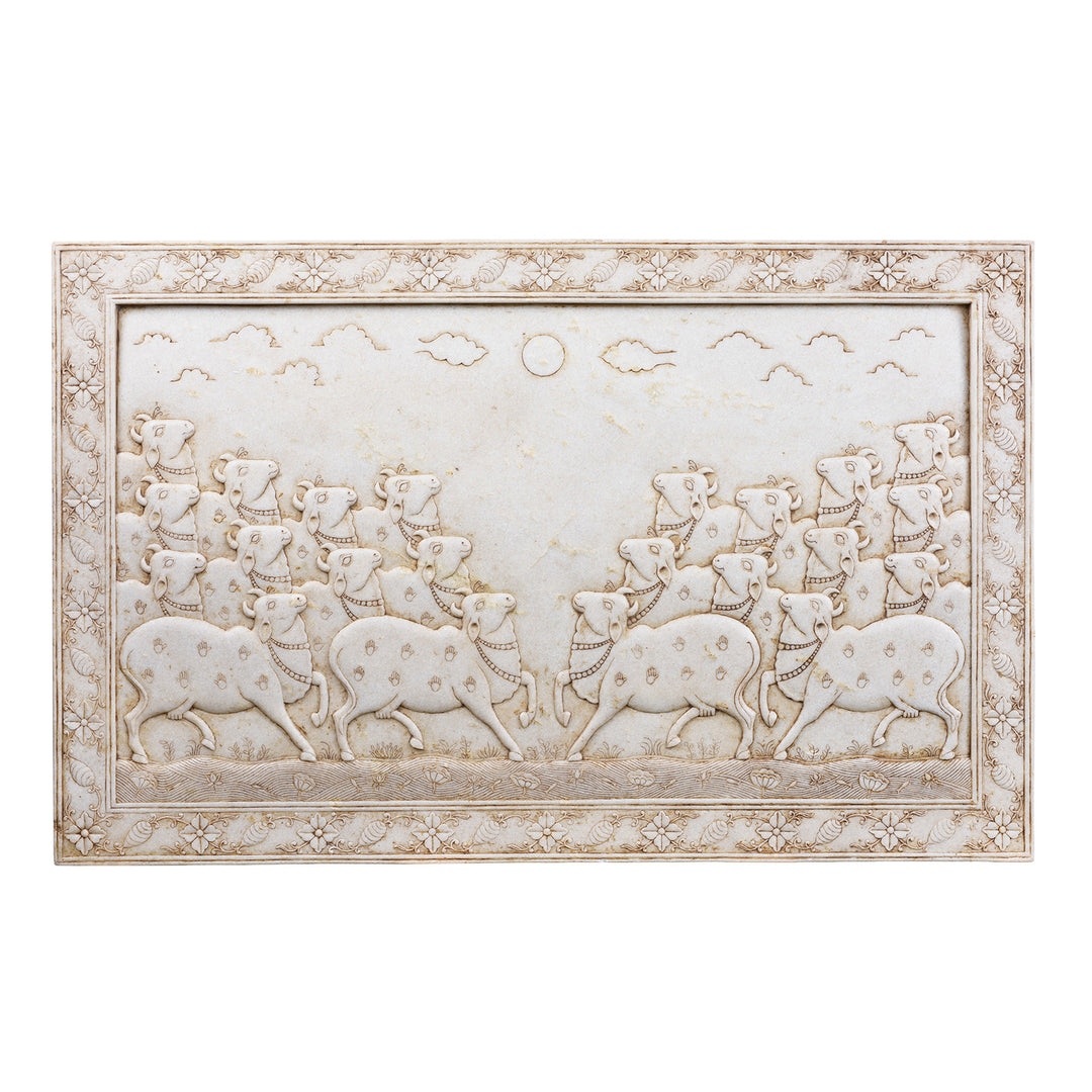 Carved White Marble "Gopashtami" Cow Panel From India | Indigo Antiques