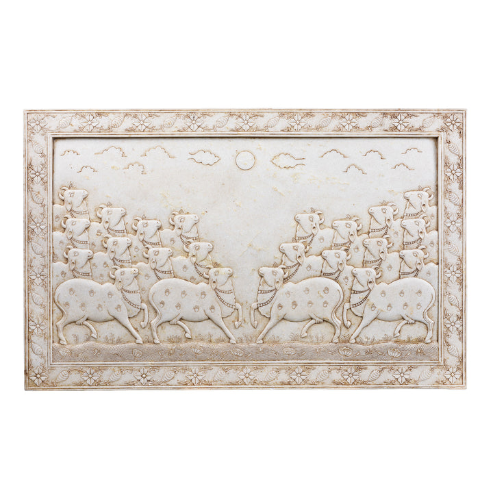 Carved White Marble "Gopashtami" Cow Panel From India | Indigo Antiques