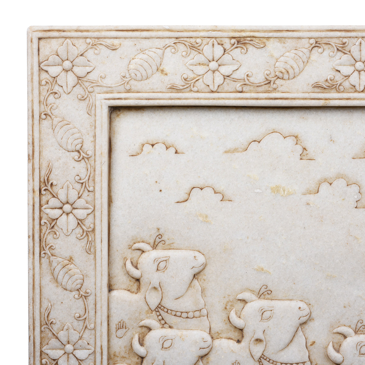 Corner Detail From Carved White Marble "Gopashtami" Cow Panel From India | Indigo Antiques