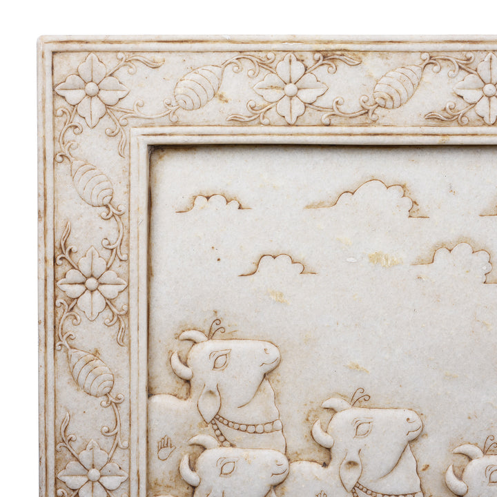 Corner Detail From Carved White Marble "Gopashtami" Cow Panel From India | Indigo Antiques