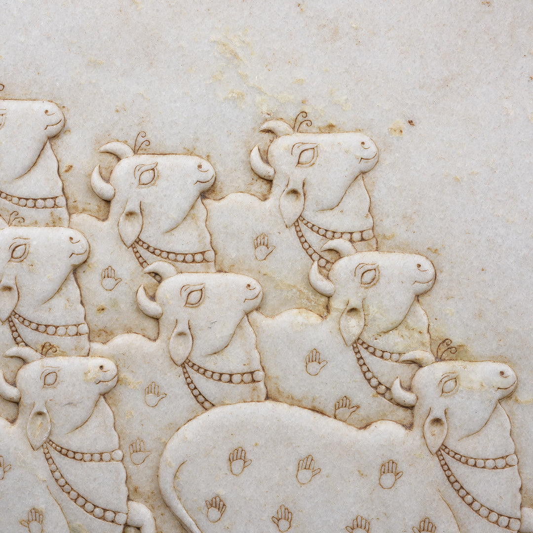 Cows Detail From Carved White Marble "Gopashtami" Cow Panel From India | Indigo Antiques
