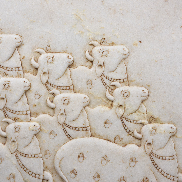 Cows Detail From Carved White Marble "Gopashtami" Cow Panel From India | Indigo Antiques