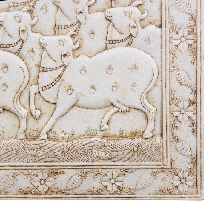 Corner Detail From Carved White Marble "Gopashtami" Cow Panel From India | Indigo Antiques