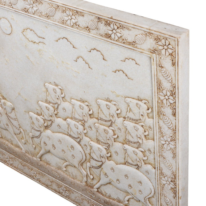 Depth Detail From Carved White Marble "Gopashtami" Cow Panel From India | Indigo Antiques
