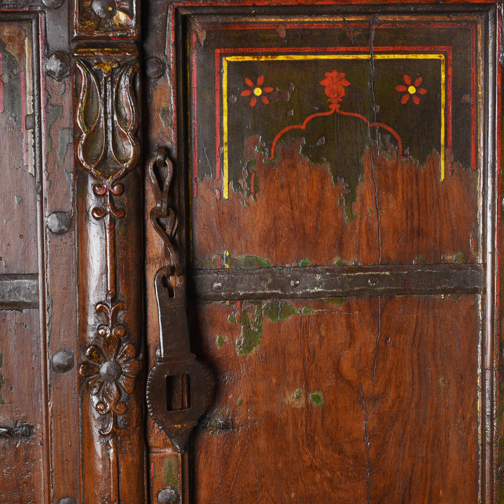 Paintwork And Latch Detail From Antique Indian Painted Window Shutter From Bikaner | Indigo Antiques