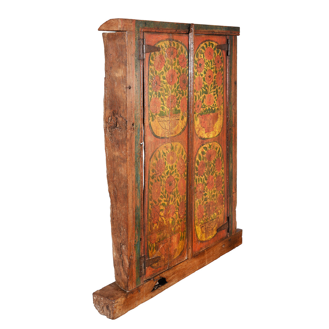 Angled View Of Painted Indian Window From Bikaner | Indigo Antiques