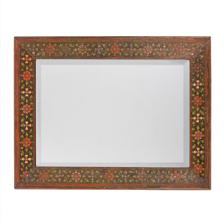 Portrait View Of Vintage Painted Mirror - Traditional Rajasthani Design | Indigo Antiques