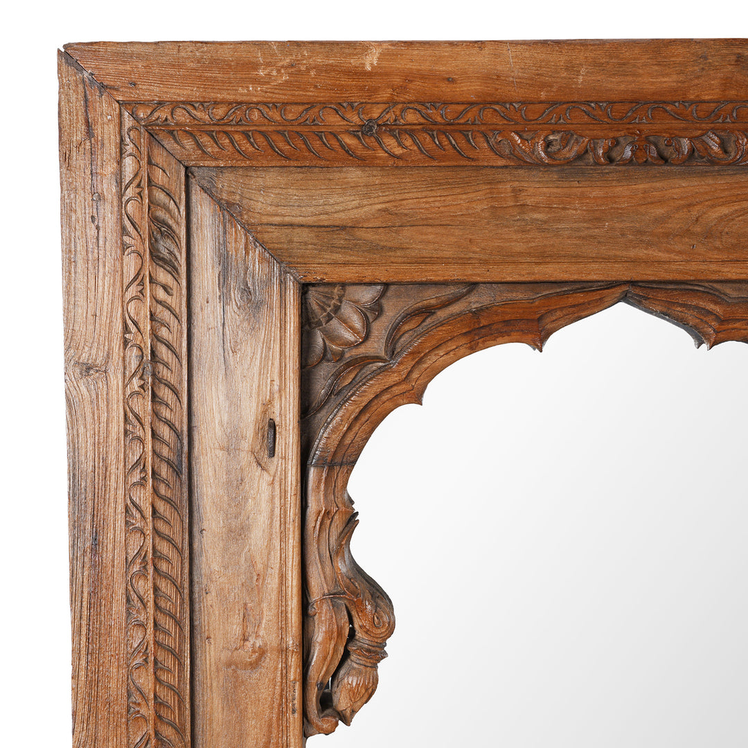 Corner Detail Showing Frame Carvings On Antique Indian Carved Window Mirror | Indigo Antiques