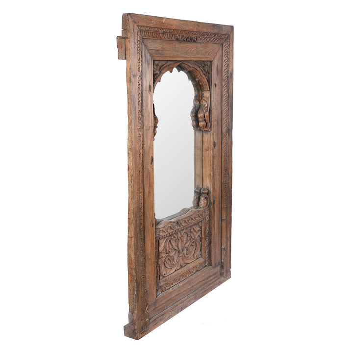 Angled View Of Antique Indian Carved Window Mirror | Indigo Antiques