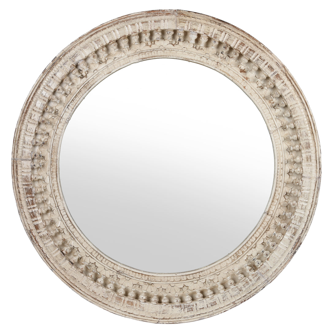 Carved Indian Mango Wood Round Mirror | Indigo Antiques