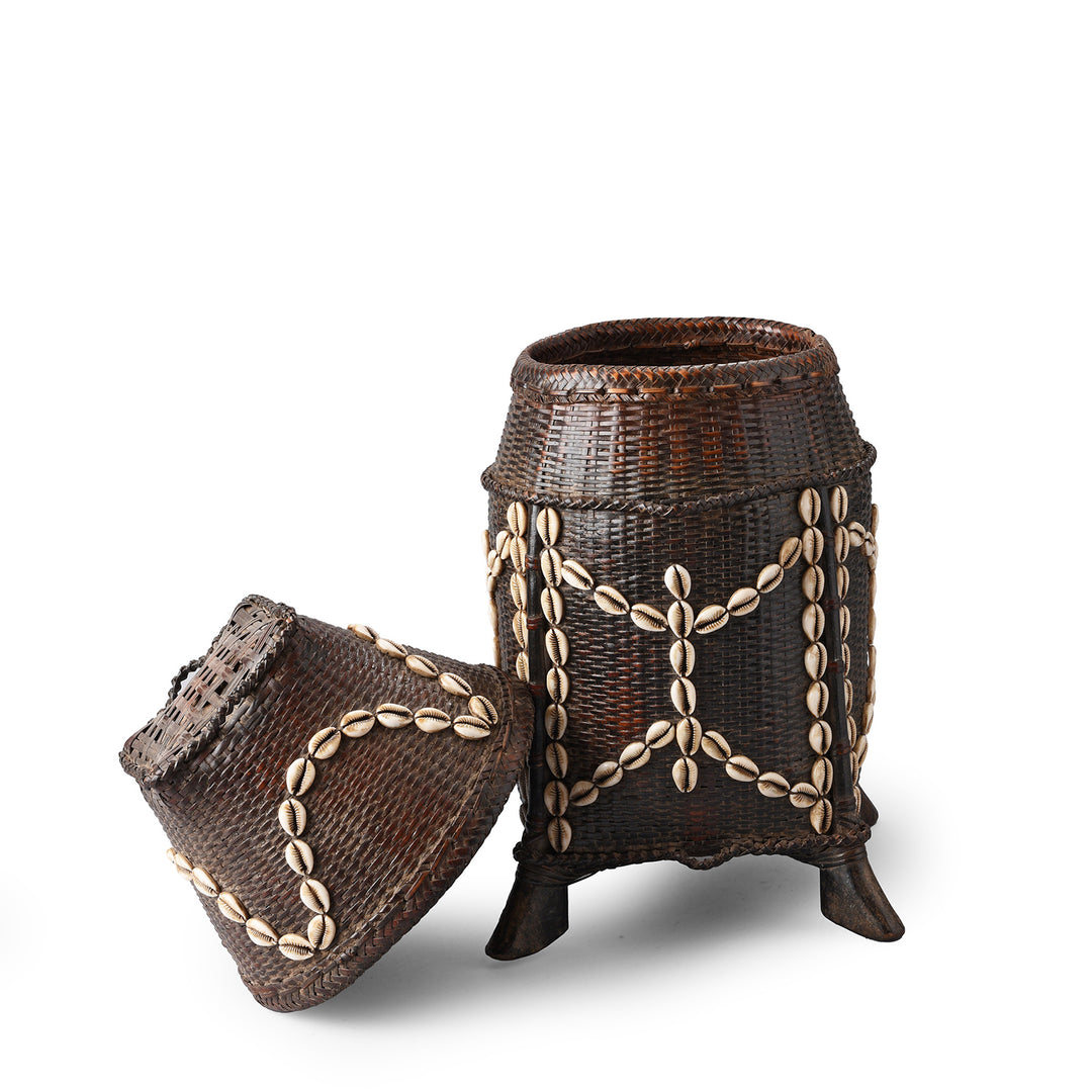 Lid Off View Of Cowrie Decorated Tribal Basket From Nagaland - Ca 1930 | Indigo Antiques