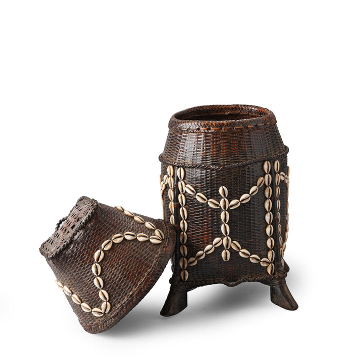 Lid Off View Of Cowrie Decorated Tribal Basket From Nagaland - Ca 1930 | Indigo Antiques