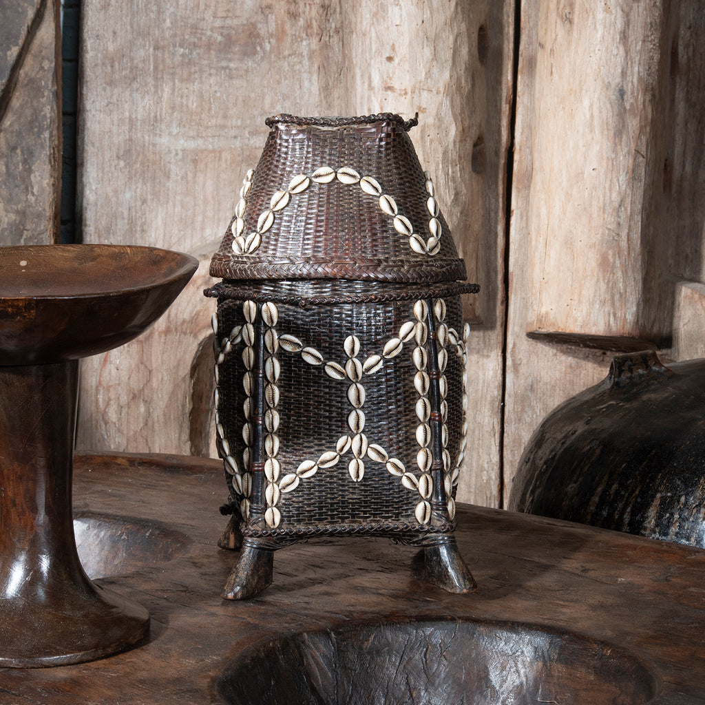 Vintage Tribal Basket woven from grass and embellished with cowrie shells From Nagaland - Ca 1930