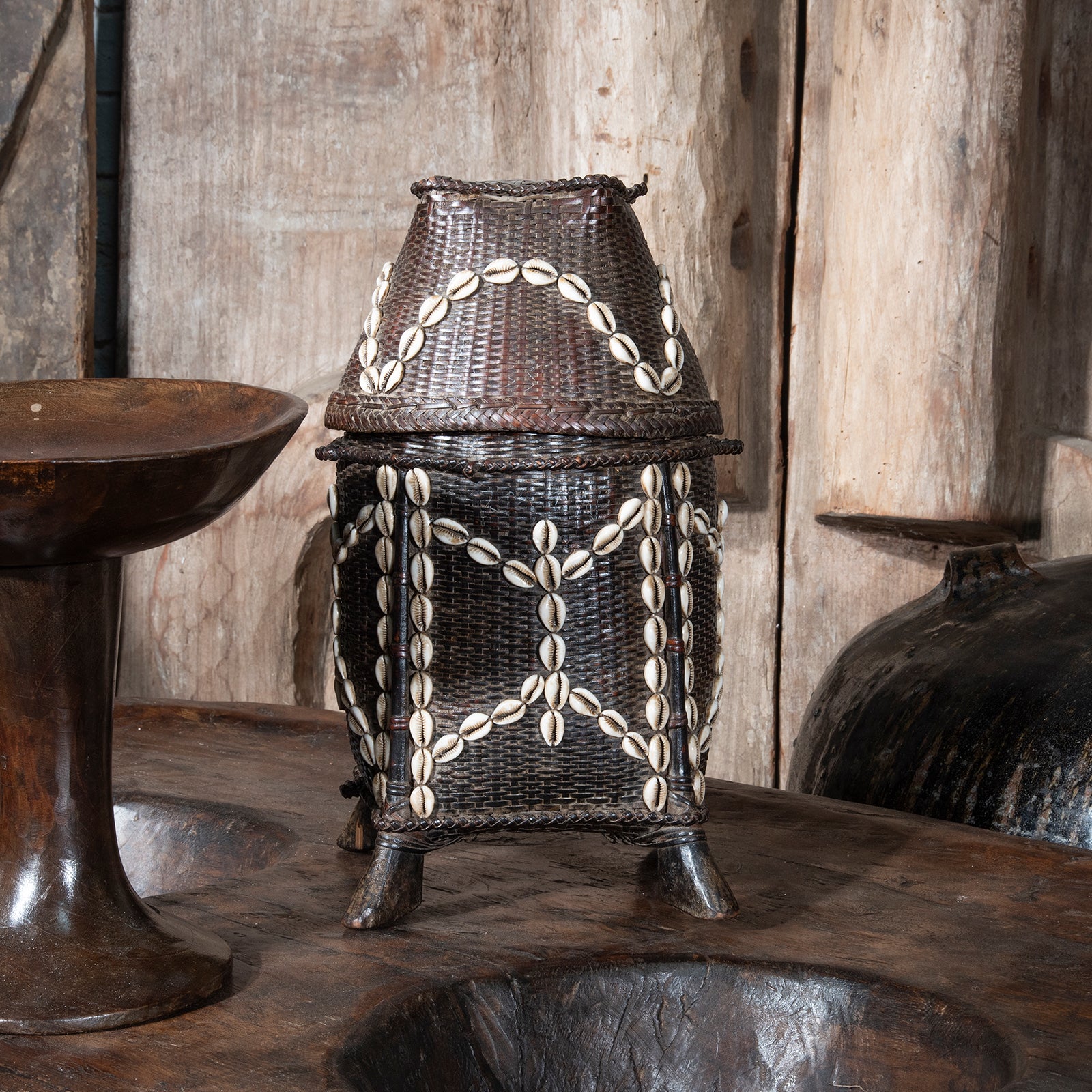 Lifestyle View Of Cowrie Decorated Tribal Basket From Nagaland - Ca 1930 | Indigo Antiques