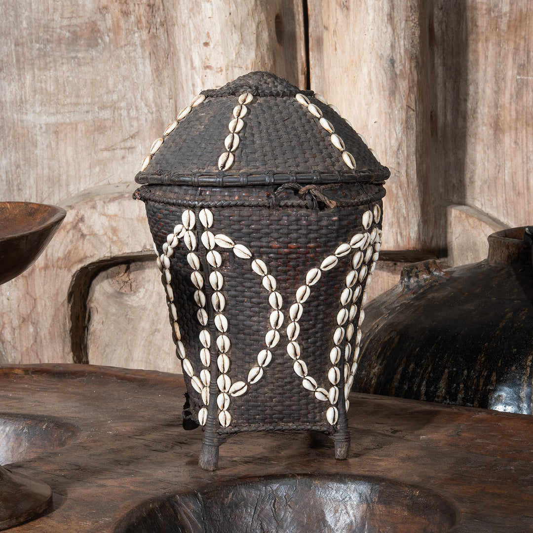 Cowrie Decorated Tribal Basket From Nagaland - Ca 1930 | Indigo Antiques