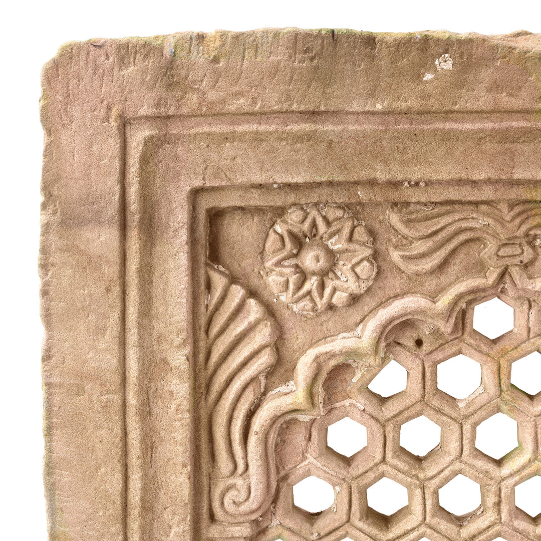 Corner Detail From Antique Carved Double Sided Stone Jali Panel From Rajasthan - 19th Century | Indigo Antiques