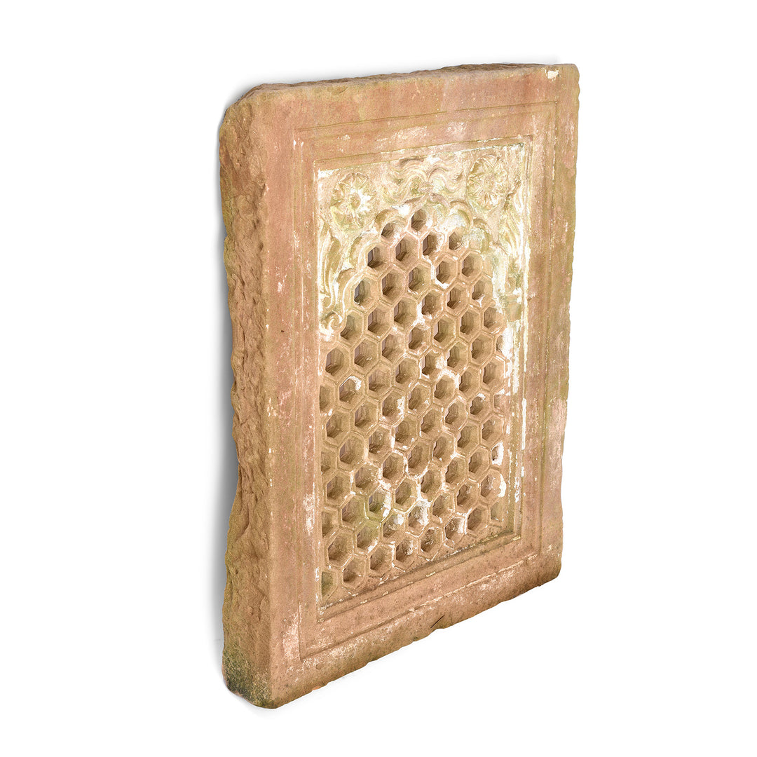 Angled View Of Antique Carved Double Sided Stone Jali Panel From Rajasthan - 19th Century | Indigo Antiques