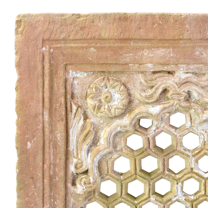 Corner Detail From Antique Carved Double Sided Stone Jali Panel From Rajasthan - 19th Century | Indigo Antiques