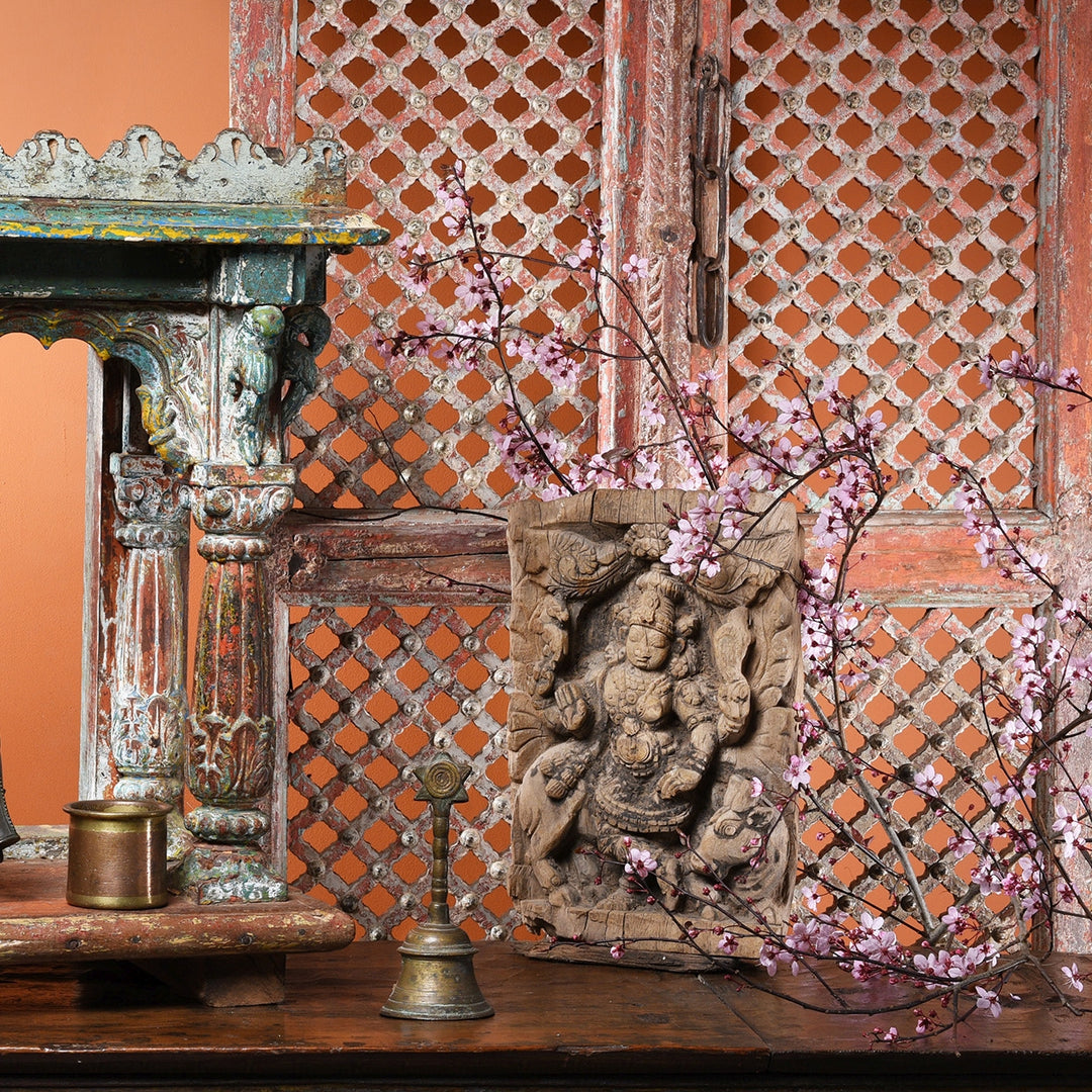 Carved Indian Teak Jali Lattice Shutters With Original Paint From Patan - 18thC | Indigo Antiques