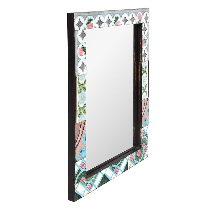 Angled View Of Art Deco Inspired Mirror Made From Old Japanese Ceramic Tiles | Indigo Antiques