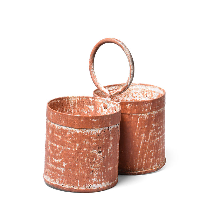 Angled View Of Vintage 2 Way Painted Iron Bottle Carrier - Brown