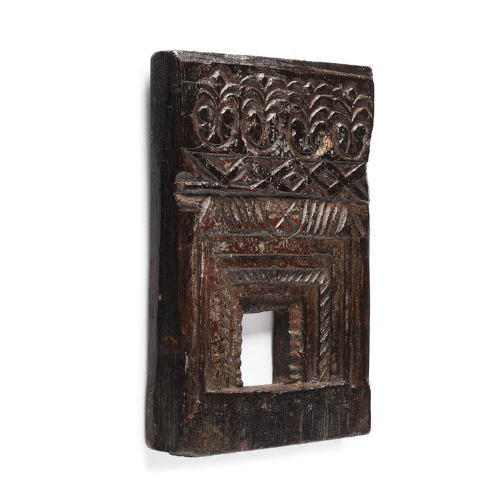 Angled View Of Antique Carved Teak Votive Panel From Andra Pradesh | Indigo Antiques
