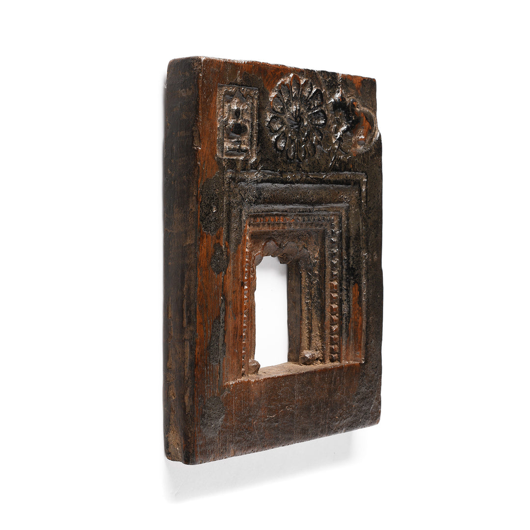 Angled View Of Antique Carved Teak Votive Panel From Andhra Pradesh | Indigo Antiques