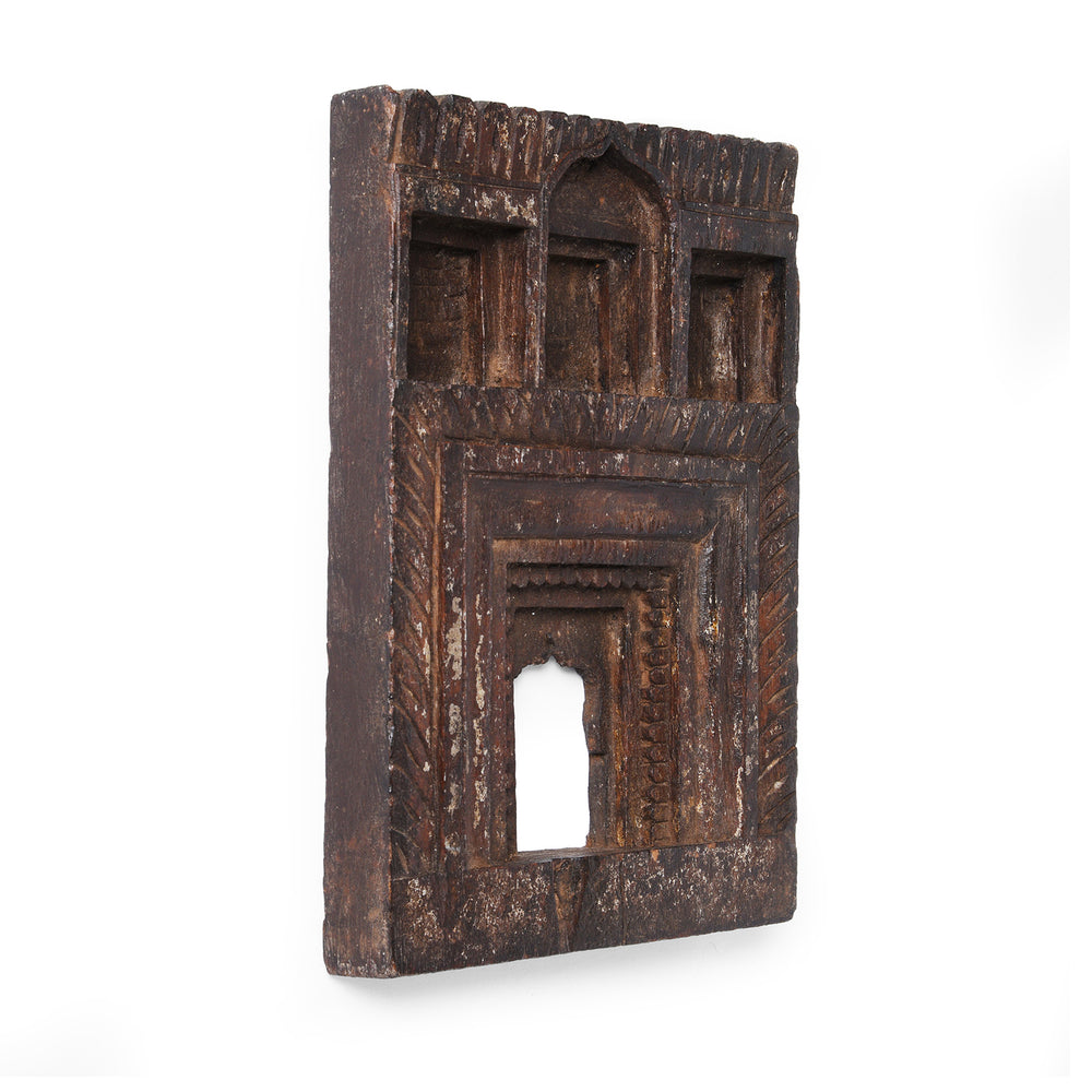 Angled VIew Of Antique Indian Carved Teak Votive Panel  | Indigo Antiques