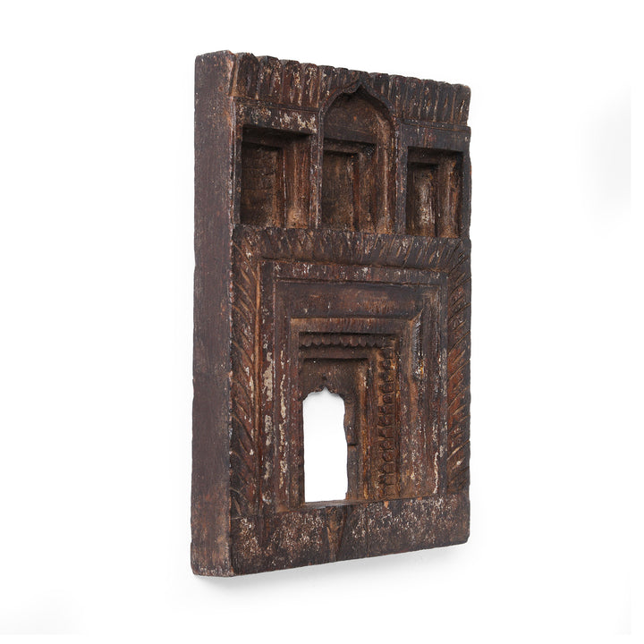 Angled VIew Of Antique Indian Carved Teak Votive Panel  | Indigo Antiques