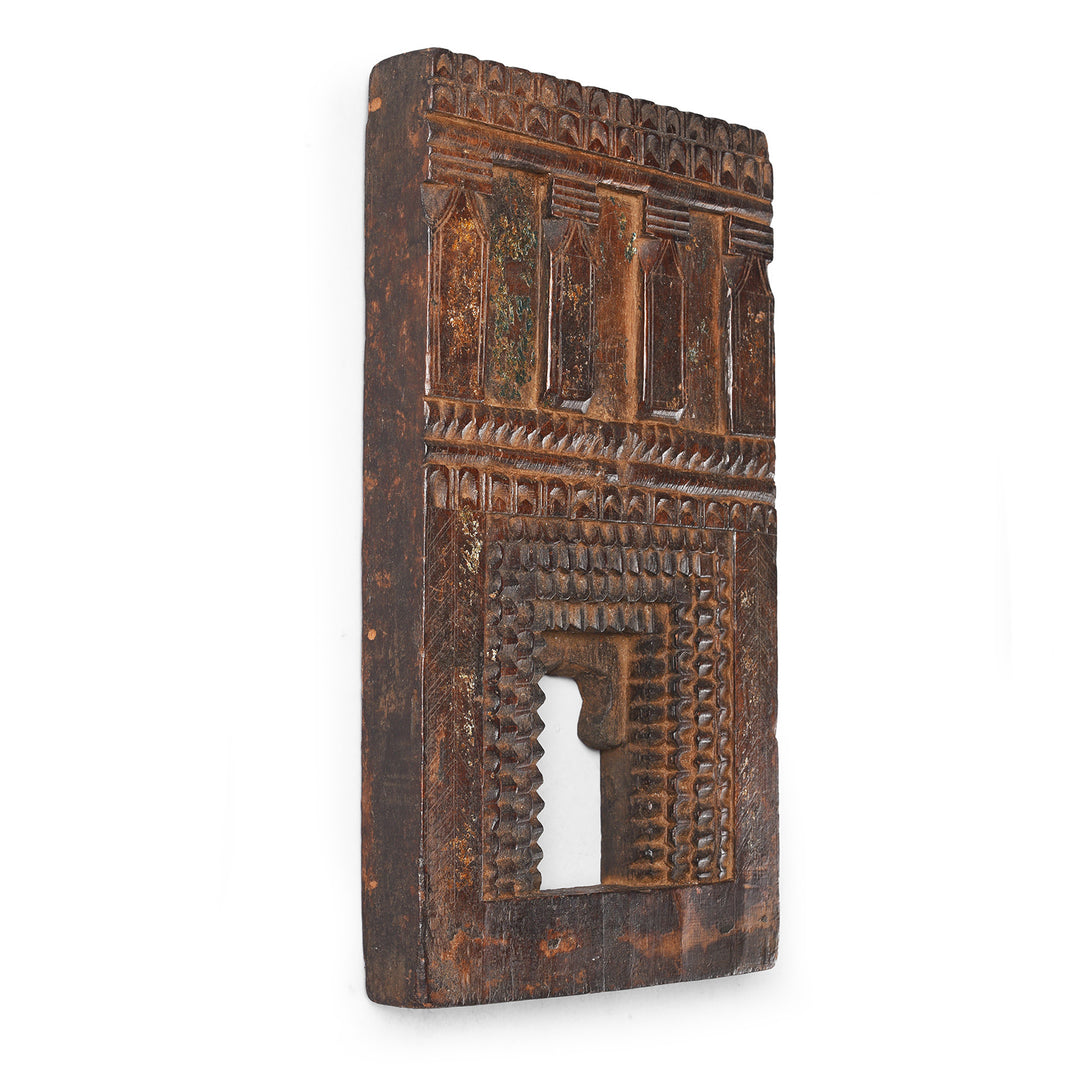 Angled VIew Of Carved Teak Votive Panel From Andra Pradesh - Early 20thC | Indigo Antiques