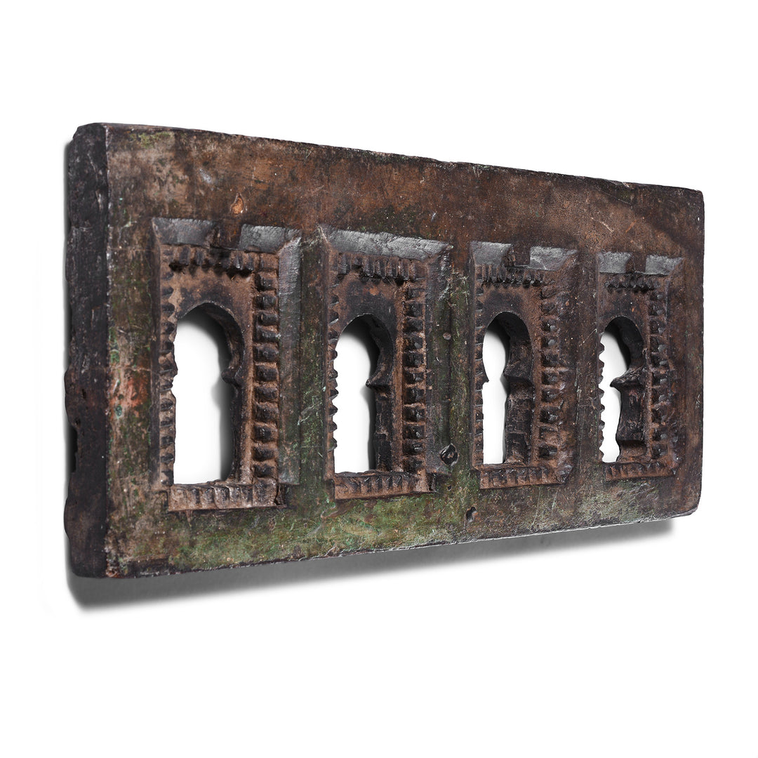 Angled View of Antique Carved Teak Votive Panel From Andhra Pradesh