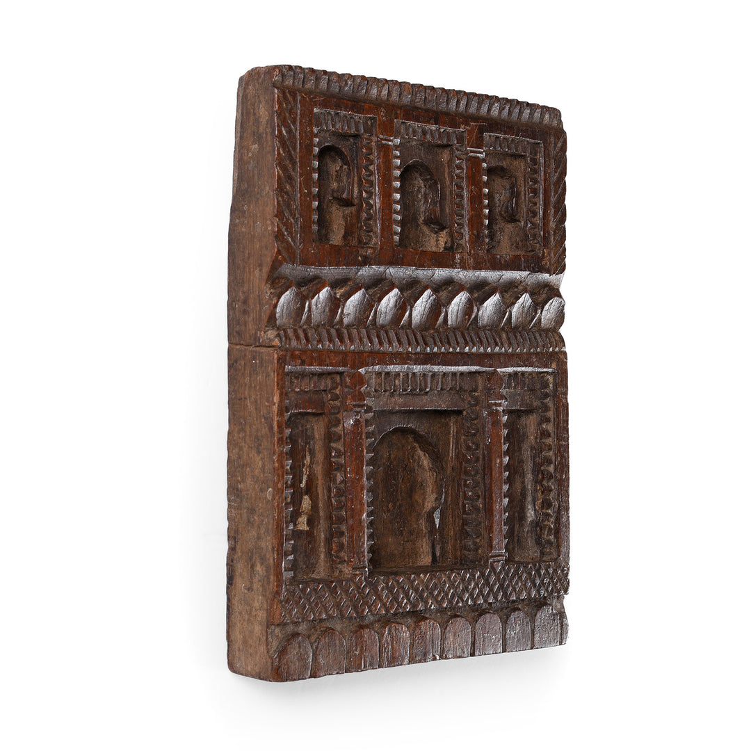 Angled VIew Of Antique Carved Teak Votive Panel From Andhra Pradesh | Indigo Antiques
