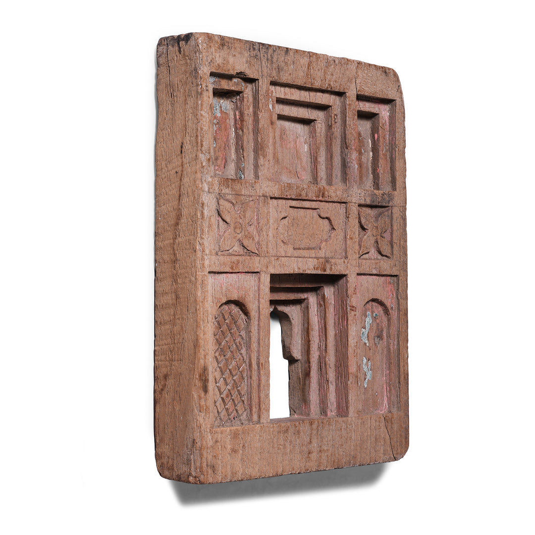Angled View Of Antique Indian Carved Teak Votive Panel | Indigo Antiques