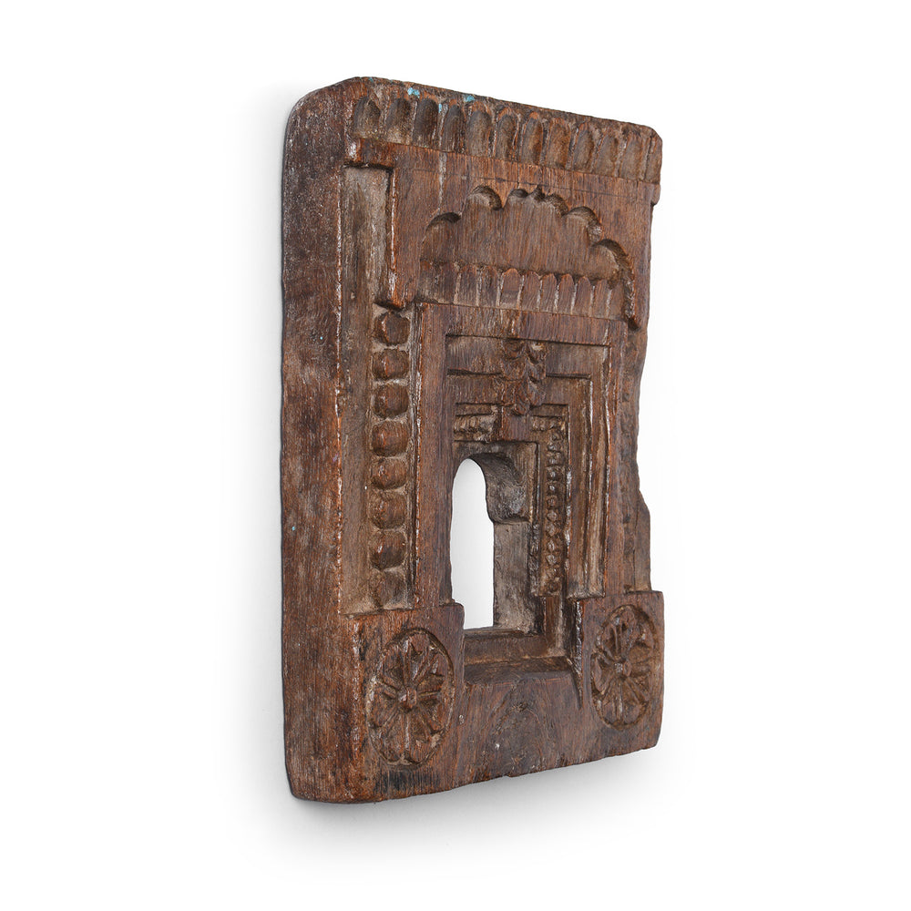 Angled View Of Antique Carved Teak Votive Panel From Andhra Pradesh | Indigo Antiques