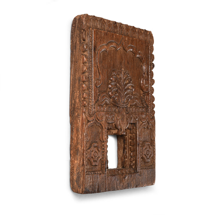 Angled View Of Antique Carved Teak Votive Panel From Andhra Pradesh | Indigo Antiques
