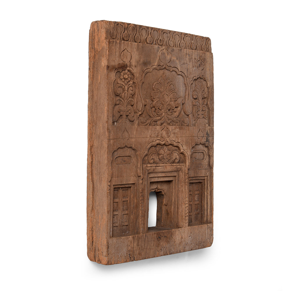 Angled VIew Of Antique Indian Carved Teak Votive Panel | Indigo Antiques