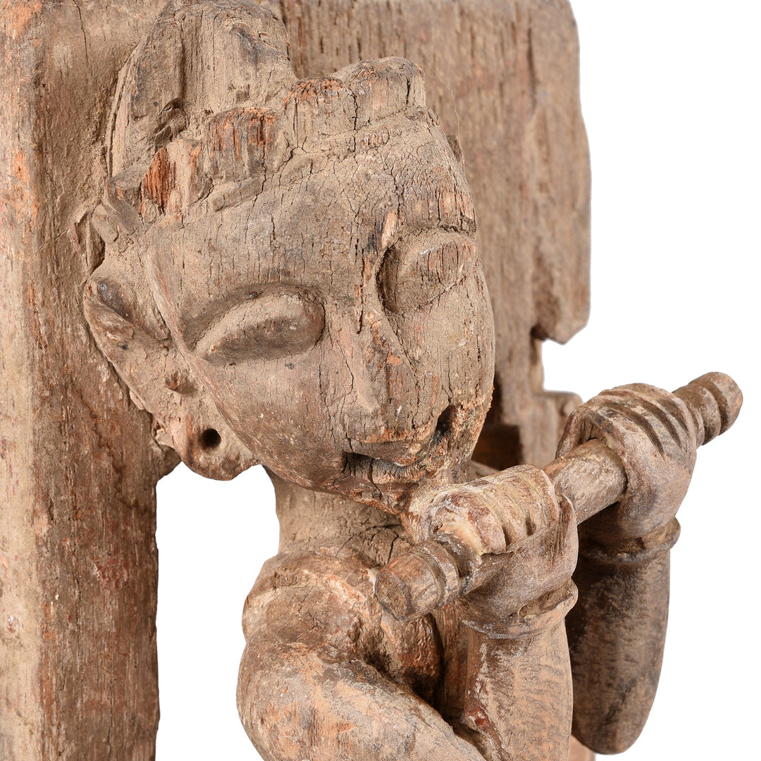 Face Detail From Antique Carved Figurine Of Krishna Playing The Flute | INDIGO ANTIQUES