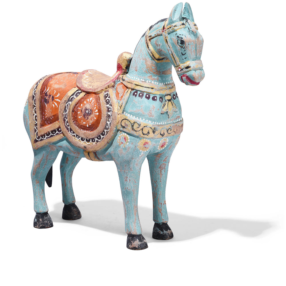 Turquoise Hand Painted Wooden Marwari Horse Sculpture From Rajasthan With Traditional Decorative Saddle