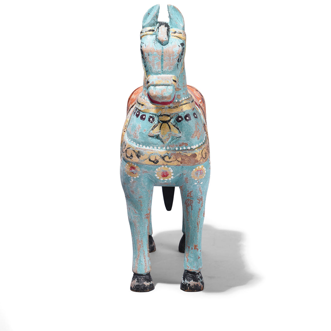 Front View Of Turquoise Hand Painted Wooden Marwari Horse Sculpture From Rajasthan With Traditional Decorative Saddle