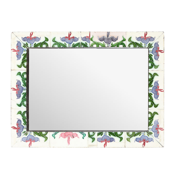 Landscape Art Deco Peranakan Ceramic Tile Mirror - Majolica Style | Indigo Antiques