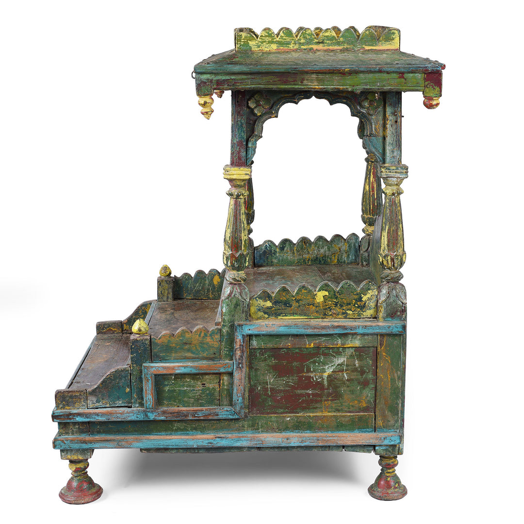 Side VIew Of Antique Indian Painted Teak Singhasan | Indigo Antiques