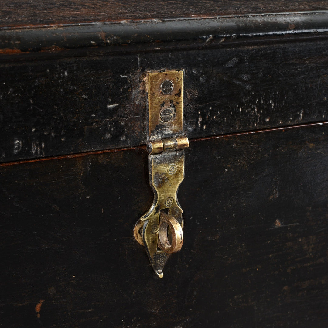 Latch Detail From Antique Brass Bound Black Teak Military Chest | Indigo Antiques