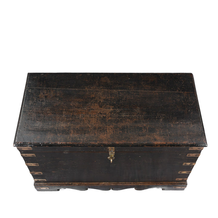 Top Down View Of Antique Brass Bound Black Teak Military Chest | Indigo Antiques