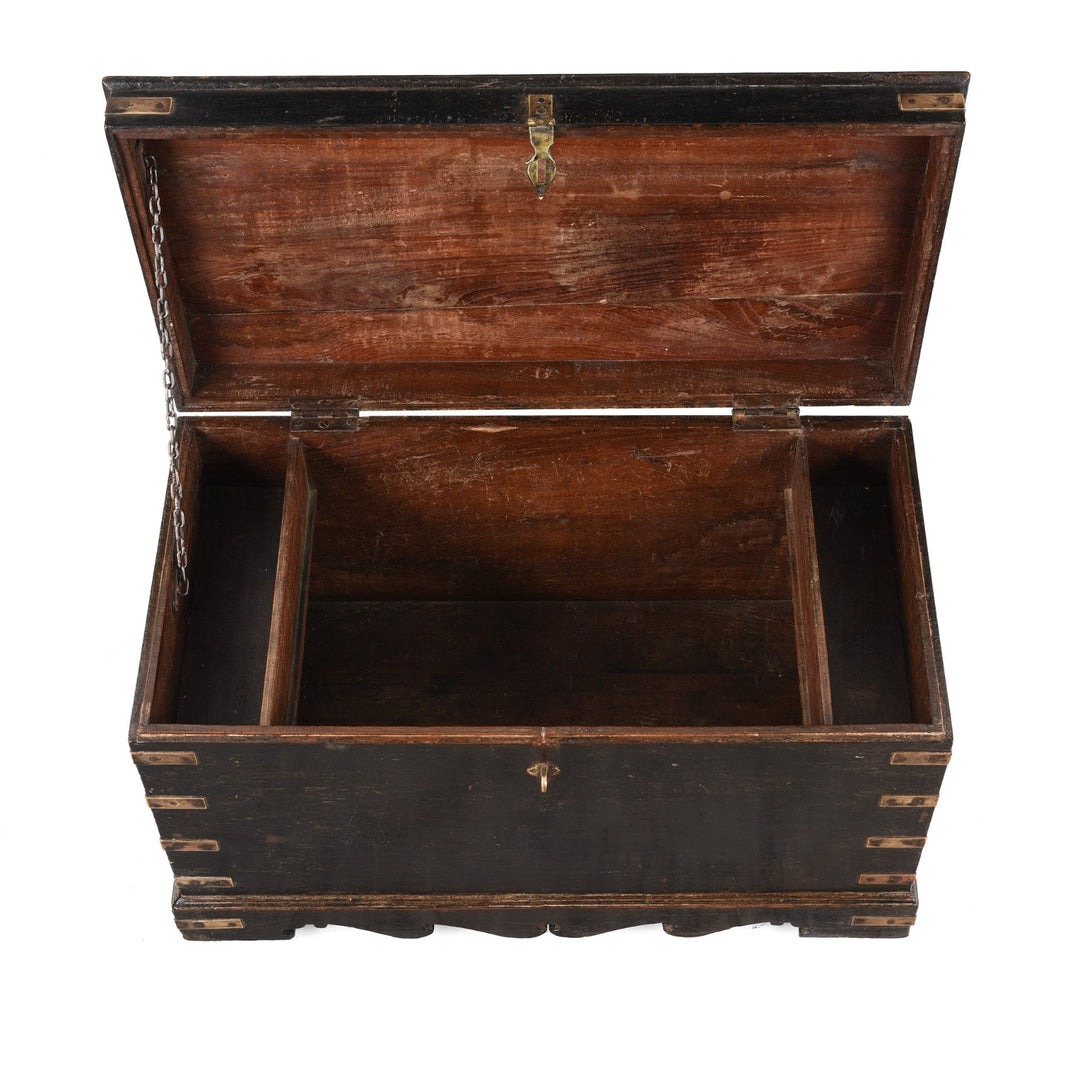 Interior Of Antique Brass Bound Black Teak Military Chest | Indigo Antiques