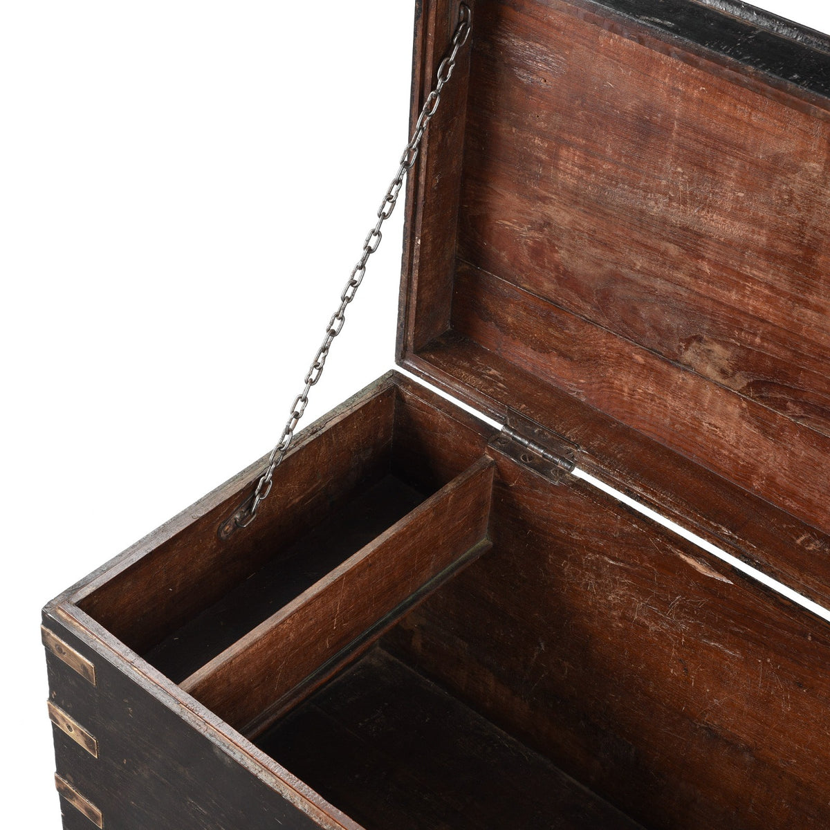 Chain Detail From Antique Brass Bound Black Teak Military Chest | Indigo Antiques
