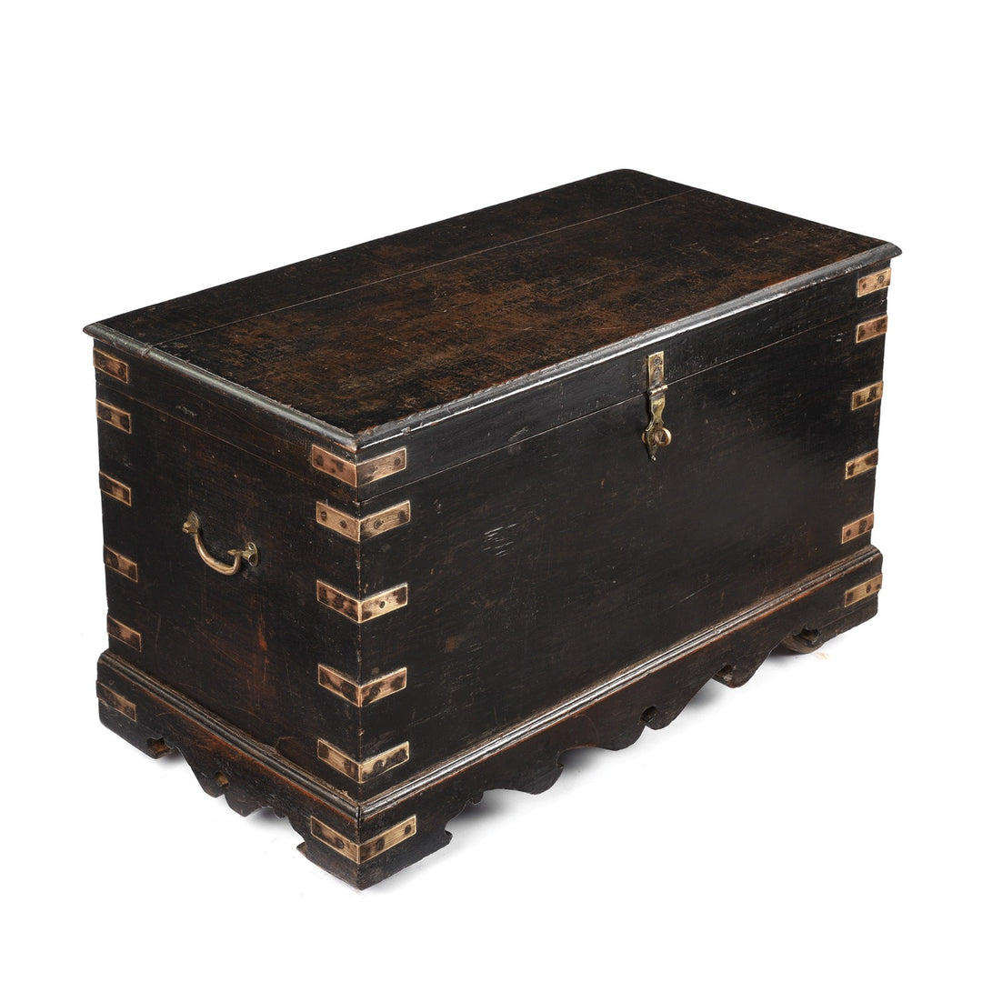 Angled View Of Antique Brass Bound Black Teak Military Chest | Indigo Antiques