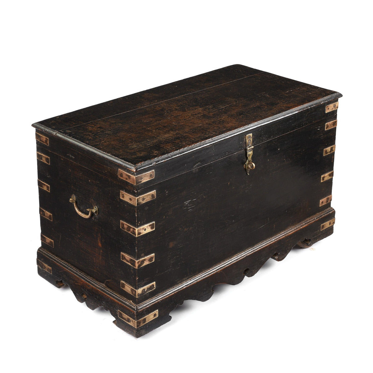 Angled View Of Antique Brass Bound Black Teak Military Chest | Indigo Antiques